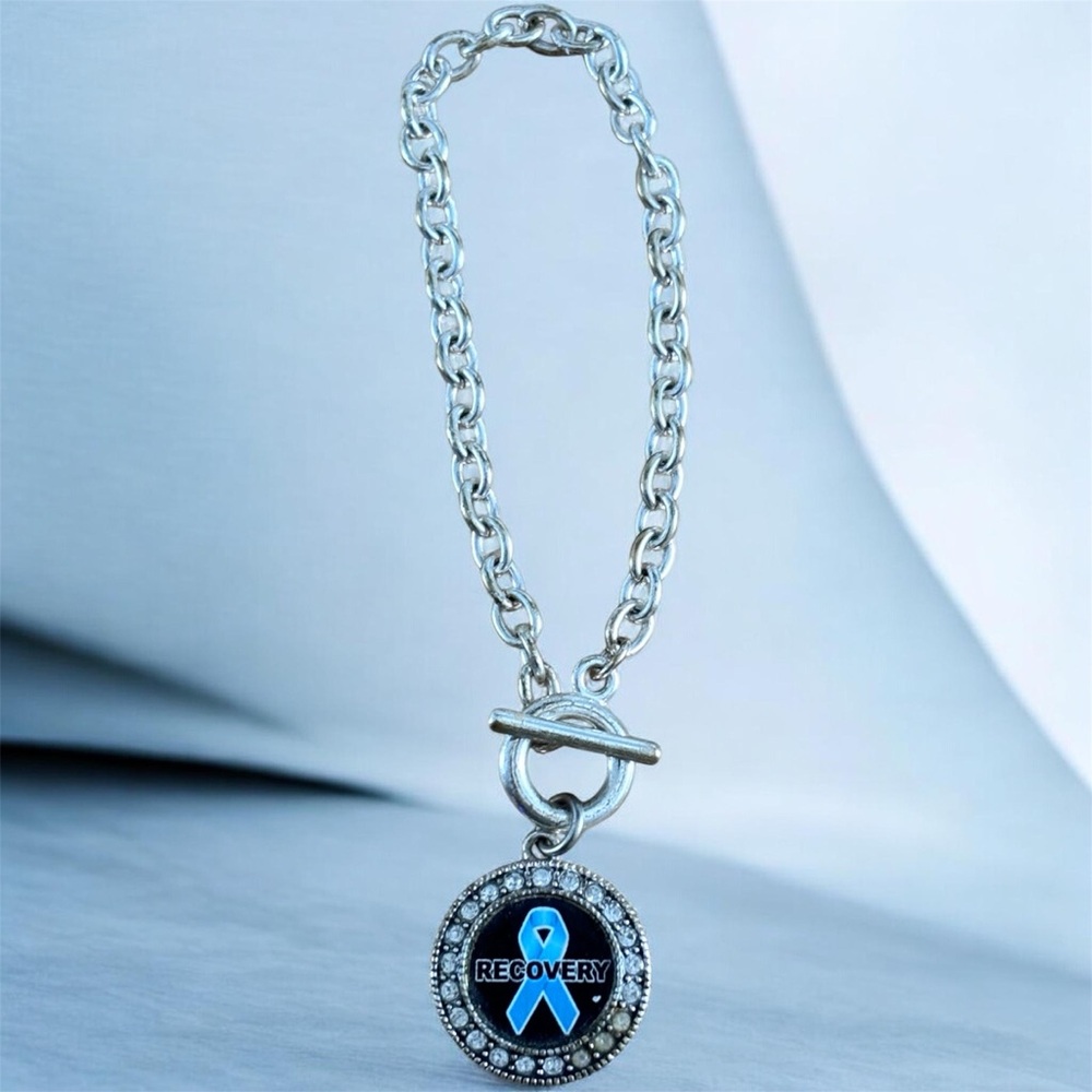 Blue Ribbon Circle Charm Addiction Recovery Toggle Bracelet Silver 9 in. 1990's